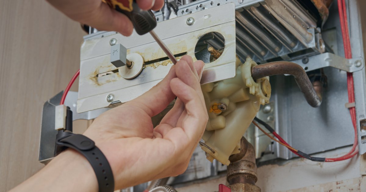 Prim-plan cu panoul de comandă și afișajul digital al unei centrale termice pe gaz, cu un cod de eroare luminat și tasta de reset vizibilă.