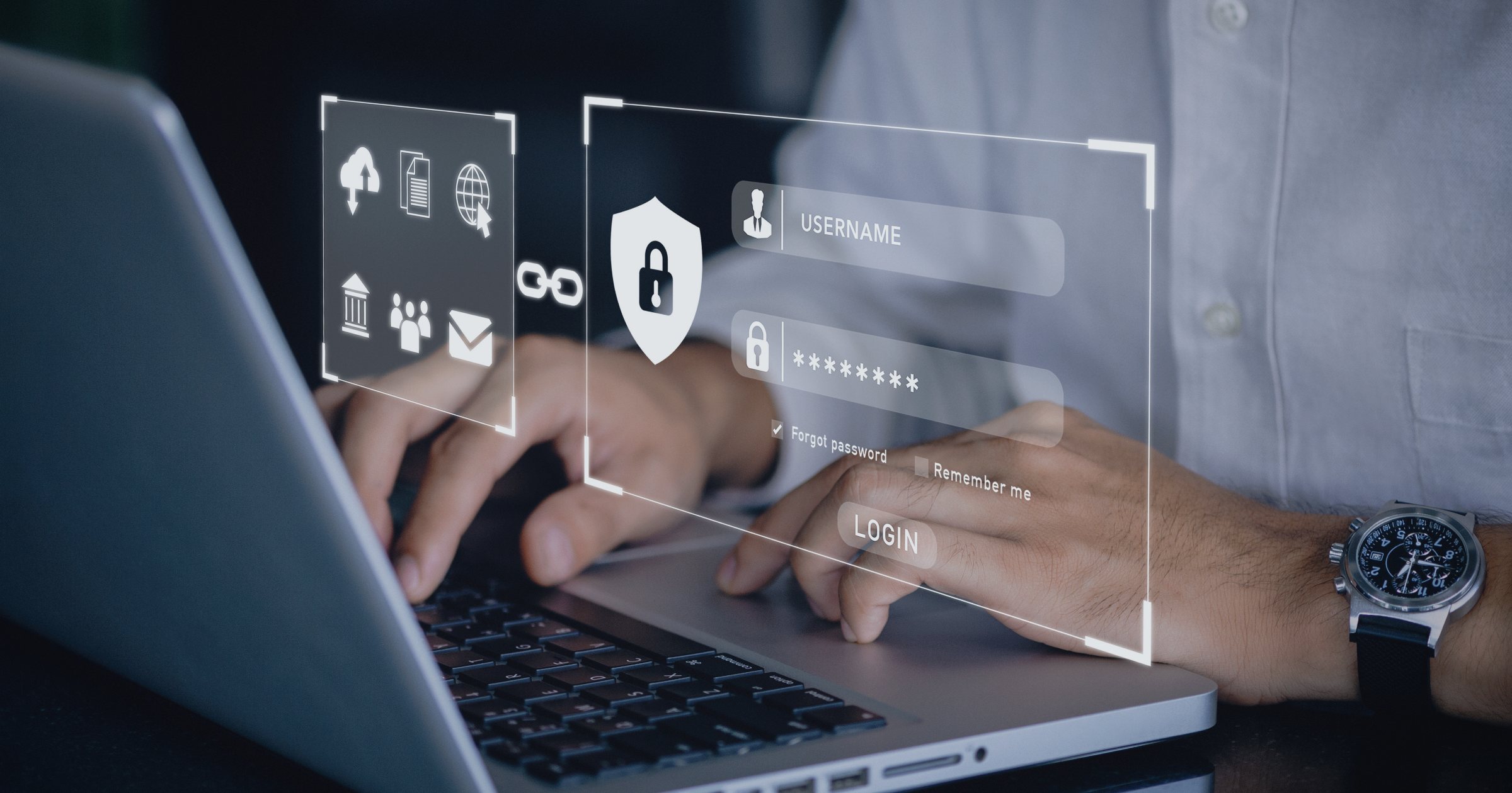 Persoană care tastează datele de autentificare pe un laptop, cu un strat vizual de securitate ce afișează un lacăt, utilizator și parolă, ilustrând protecția datelor personale