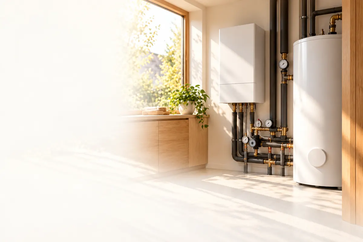 Modul interior de pompă de căldură cu boiler și conducte izolate